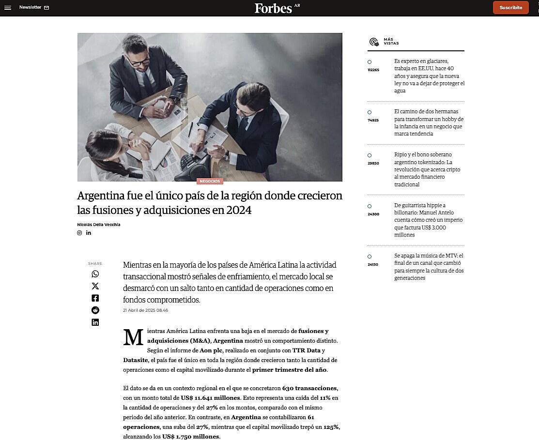 Argentina fue el �nico pa�s de la regi�n donde crecieron las fusiones y adquisiciones en 2024